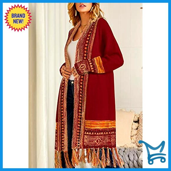 Long Open Front Cardigan Sweater, Oversized Fit, Acrylic Knit, Tassel Fringe - Picture 2 of 6